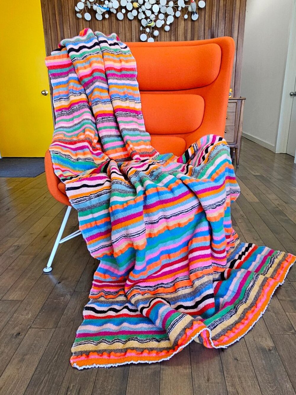 Vintage Moroccan Berber Blanket Handwoven Wool Cotton Neon Stripe Textile Throw